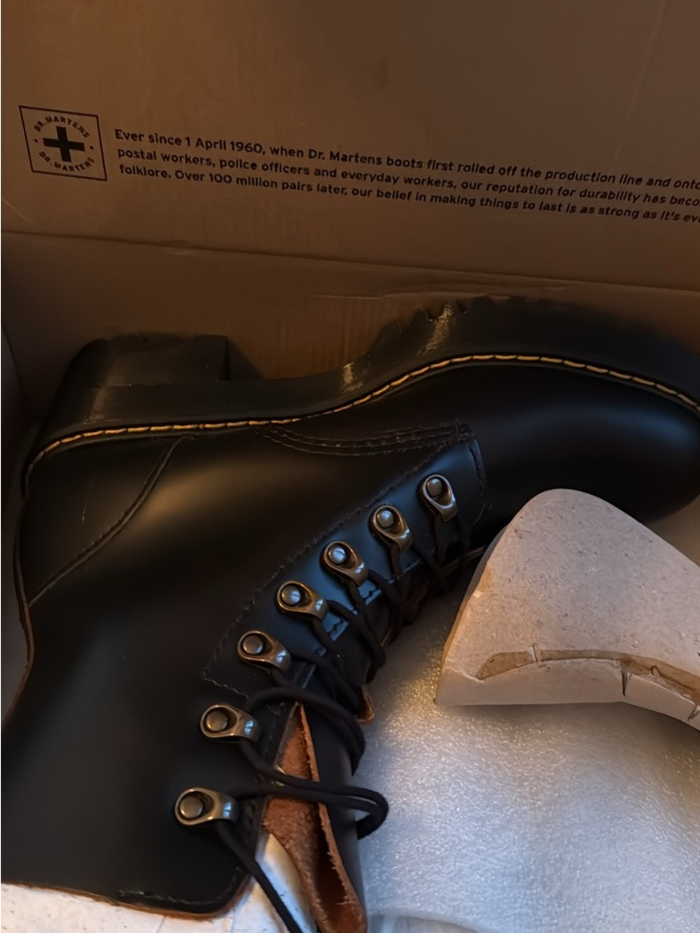 Dr. Martens Leona Vintage Smooth Black Lace-Up Platform with Yellow Stitching - Picture 4 of 9